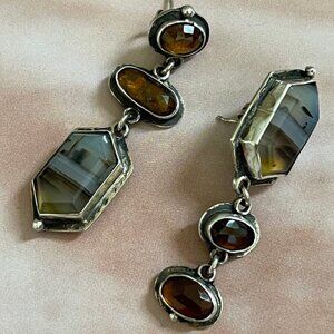 ARTISAN Agate and Smoky Quartz Sterling Silver Dangle Earrings with Post: NWOT!